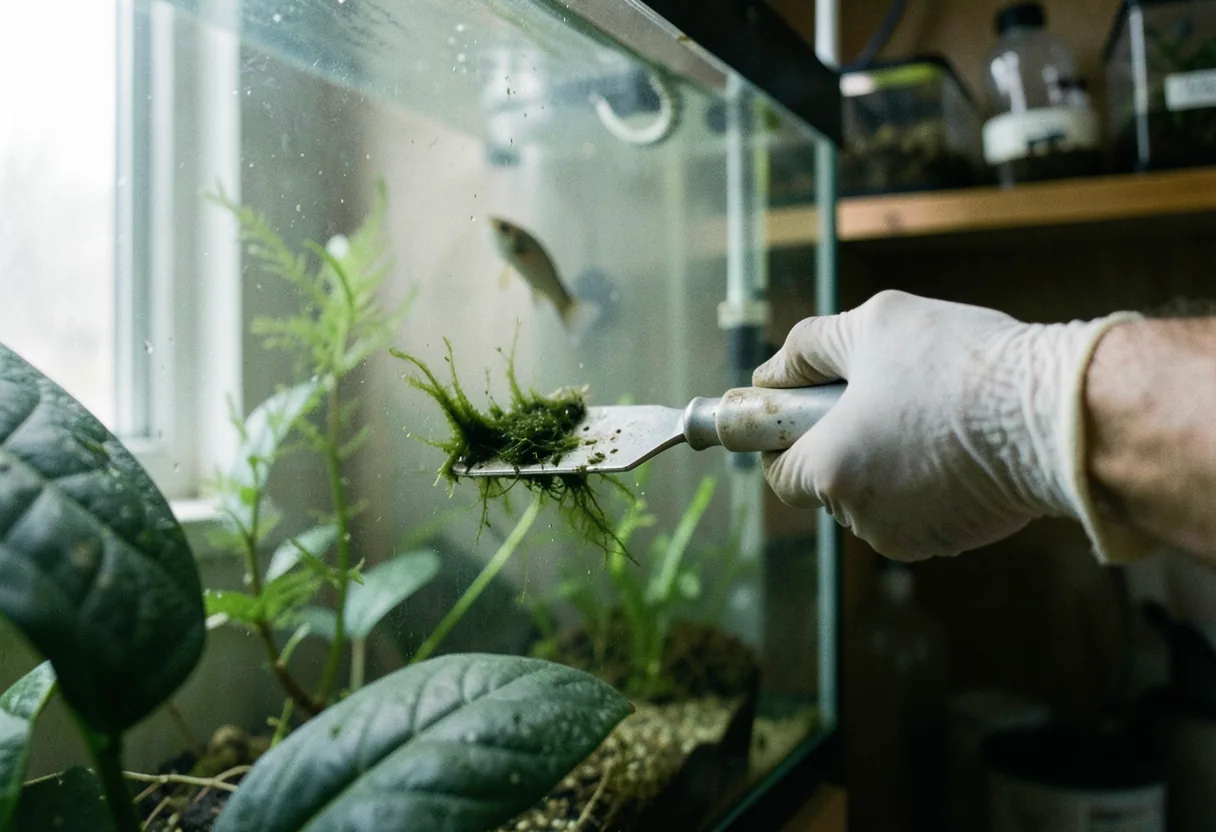 A gloved hand scraping algae off aquarium glass in a dimly lit room. Aquarium algae control.