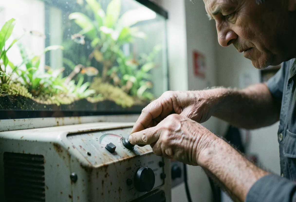 Weathered hand adjusting aquarium heater dial, Crimean climate settings.