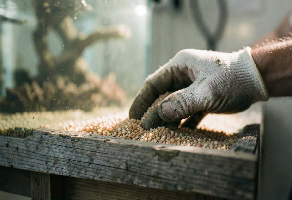 A gloved hand sifting through coral sand, aquarium substrate options for local water hardness.