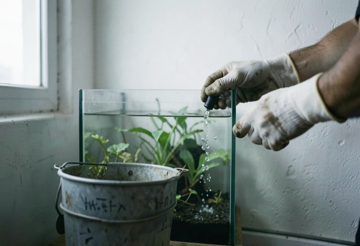 Hands siphoning water from small planted aquarium, aquarium water changes schedule for small tanks