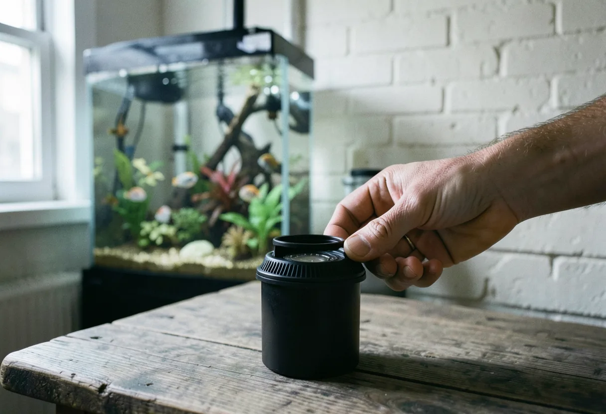 Hand adjusting aquarium filter in softly lit, muted setting. Best aquarium filters.