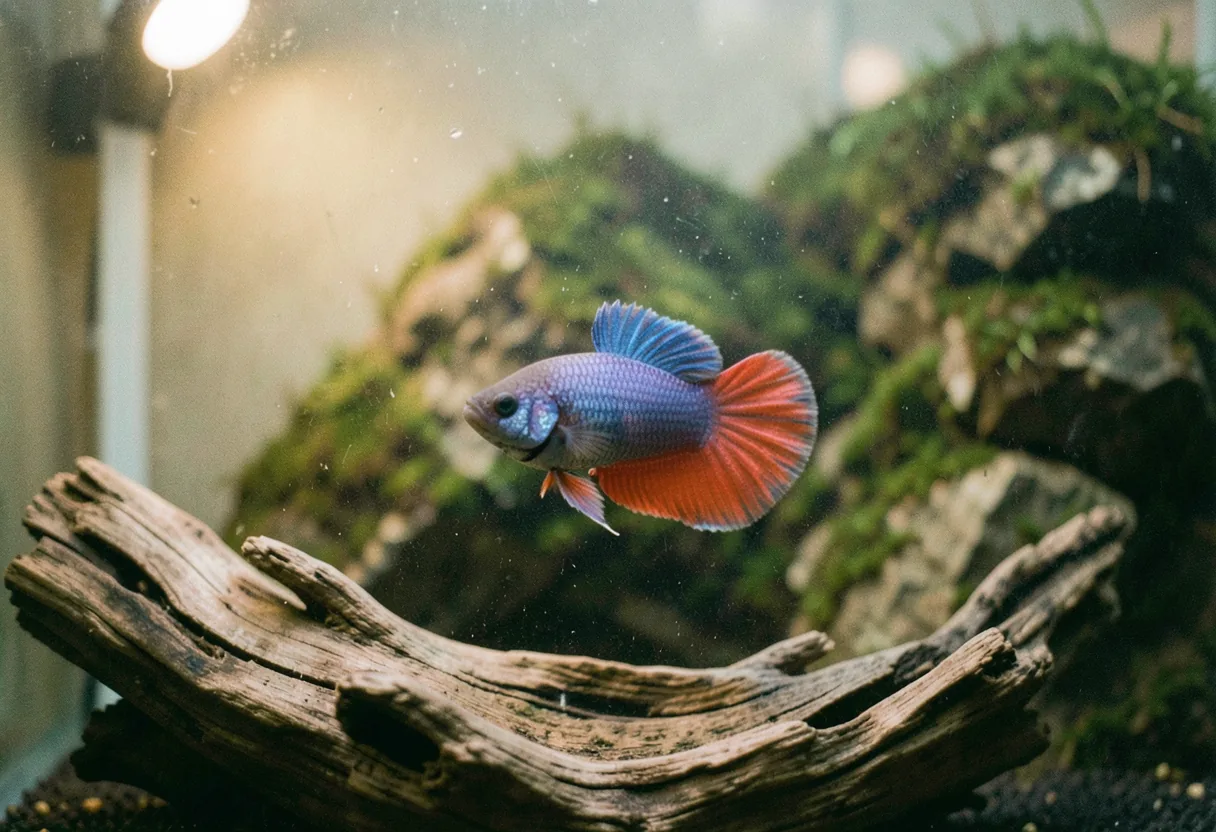 Softly lit Betta fish swimming in an indoor aquarium, Crimea's best lighting.