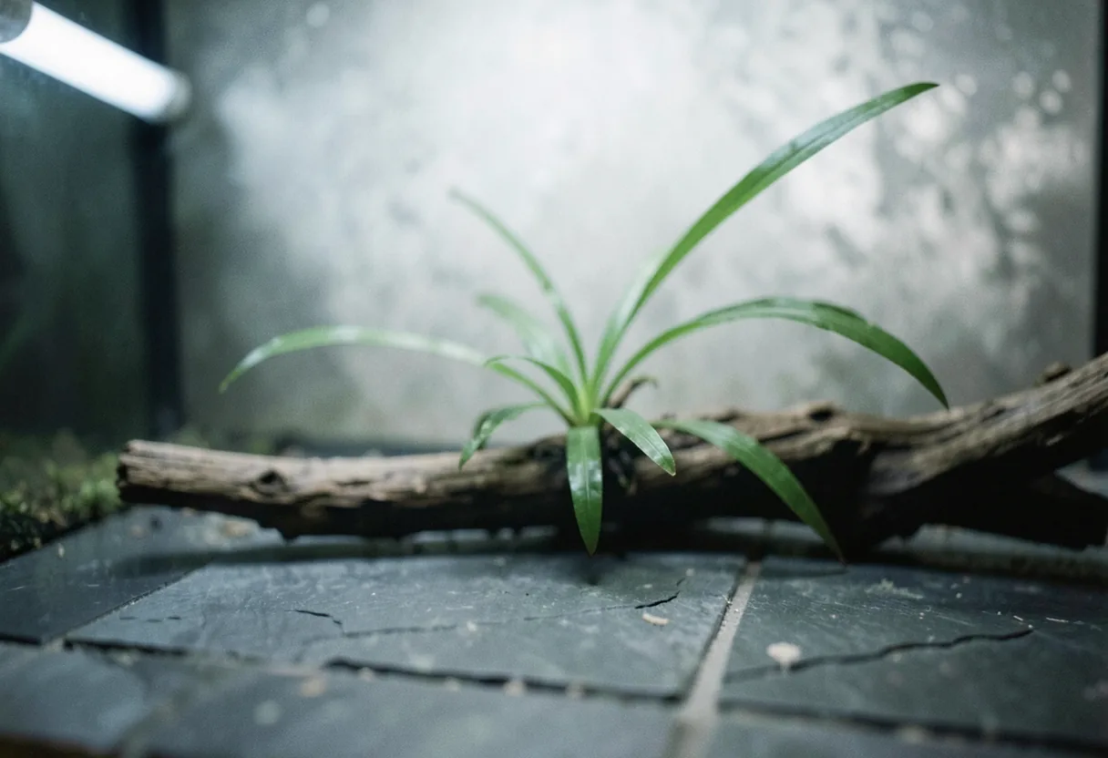 Java Fern thriving in hard water aquarium, driftwood background, soft lighting.