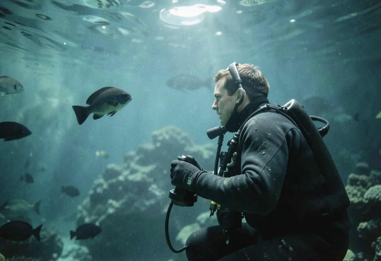 Diver adjusting filter system in Sevastopol Aquarium Museum's serene underwater exhibit.