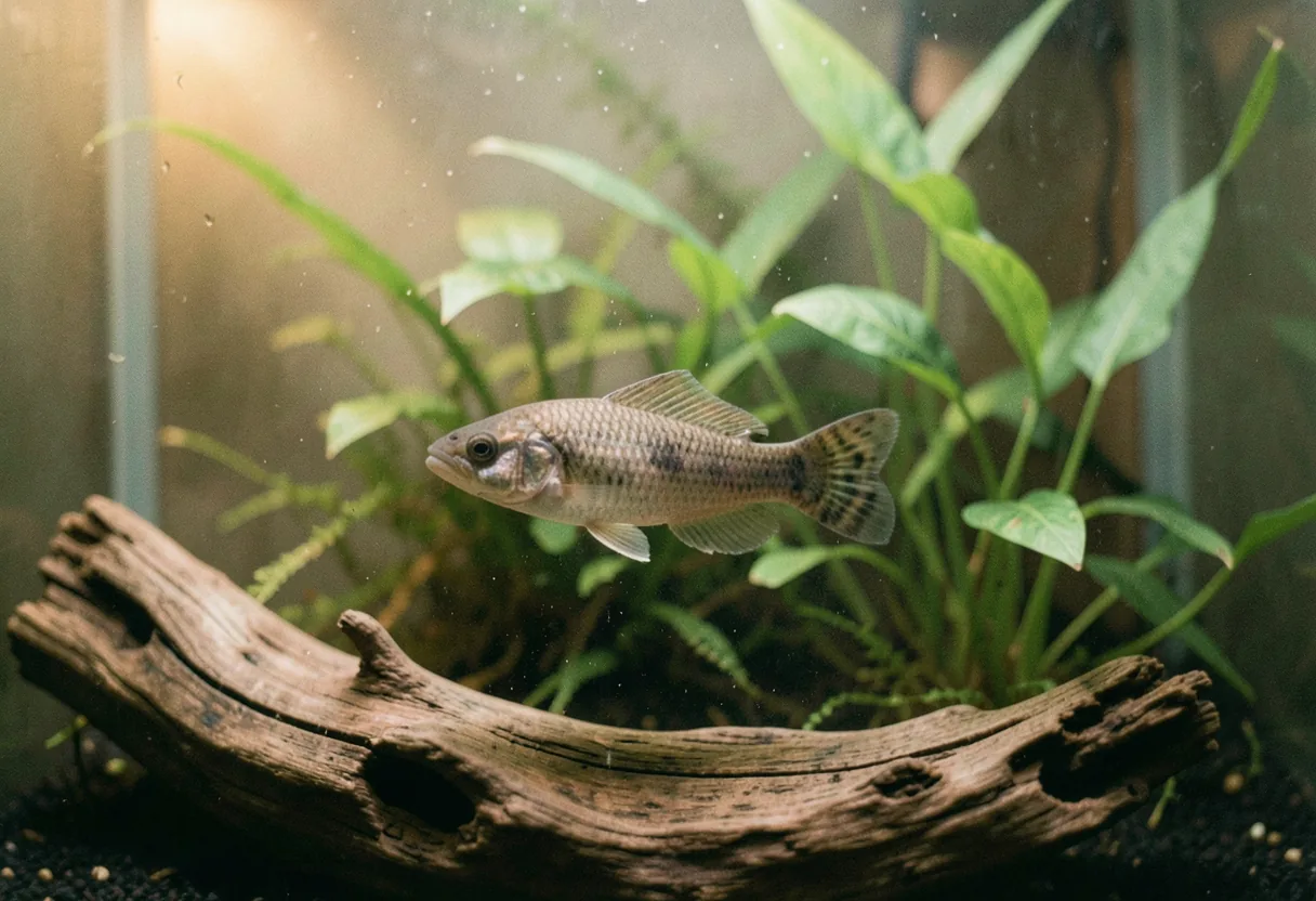 Gobby fish mid-water, mottled brown-grey, Black Sea aquarium species.