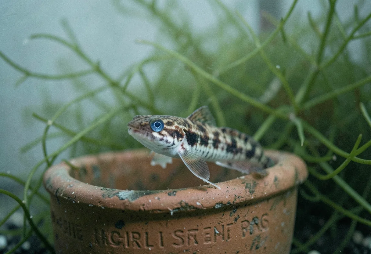 Mottled Black Sea blenny mid-swim in soft, muted aquarium lighting. Fish care.