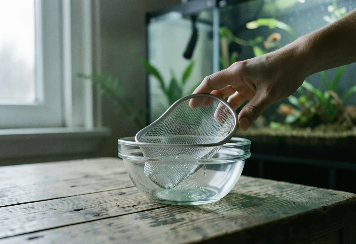 Hand pouring Sevastopol tap water through fine mesh for fish conditioning.