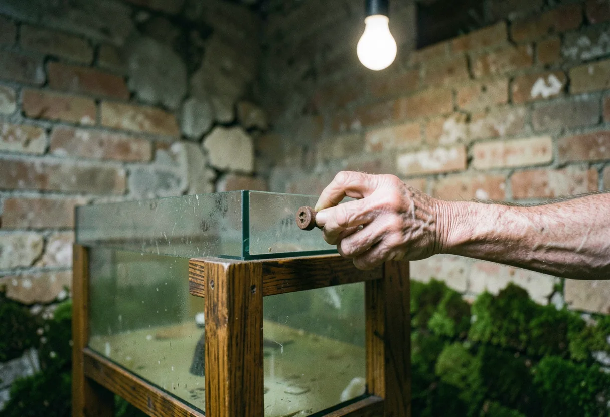 Weathered hands adjust rusted bolt on DIY aquarium stand in humid coastal air.