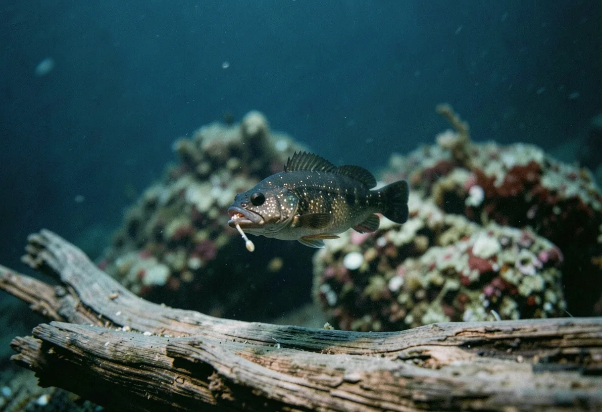 Black Sea gobby hovering, scales glinting, muted underwater scene, feeding illustration.