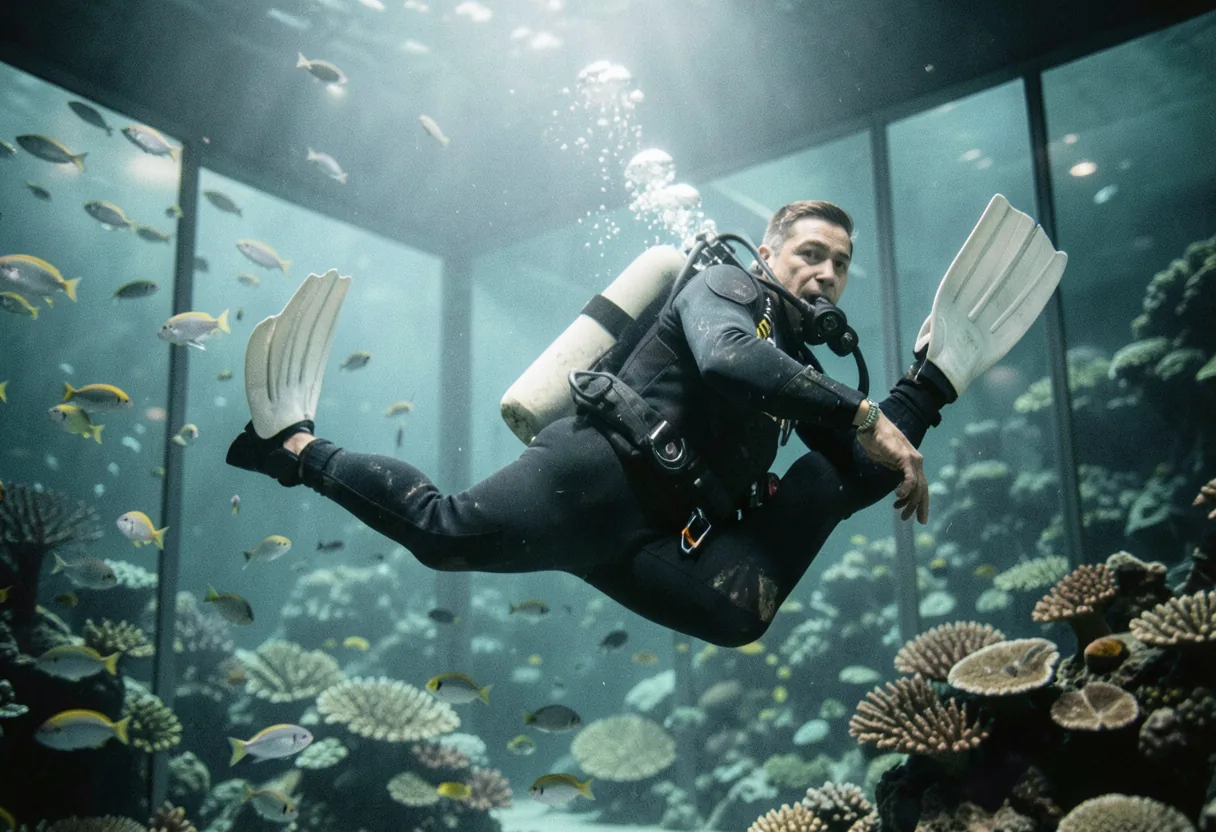 A scuba diver exploring the Aquarium Museum in Sevastopol, underwater scene.