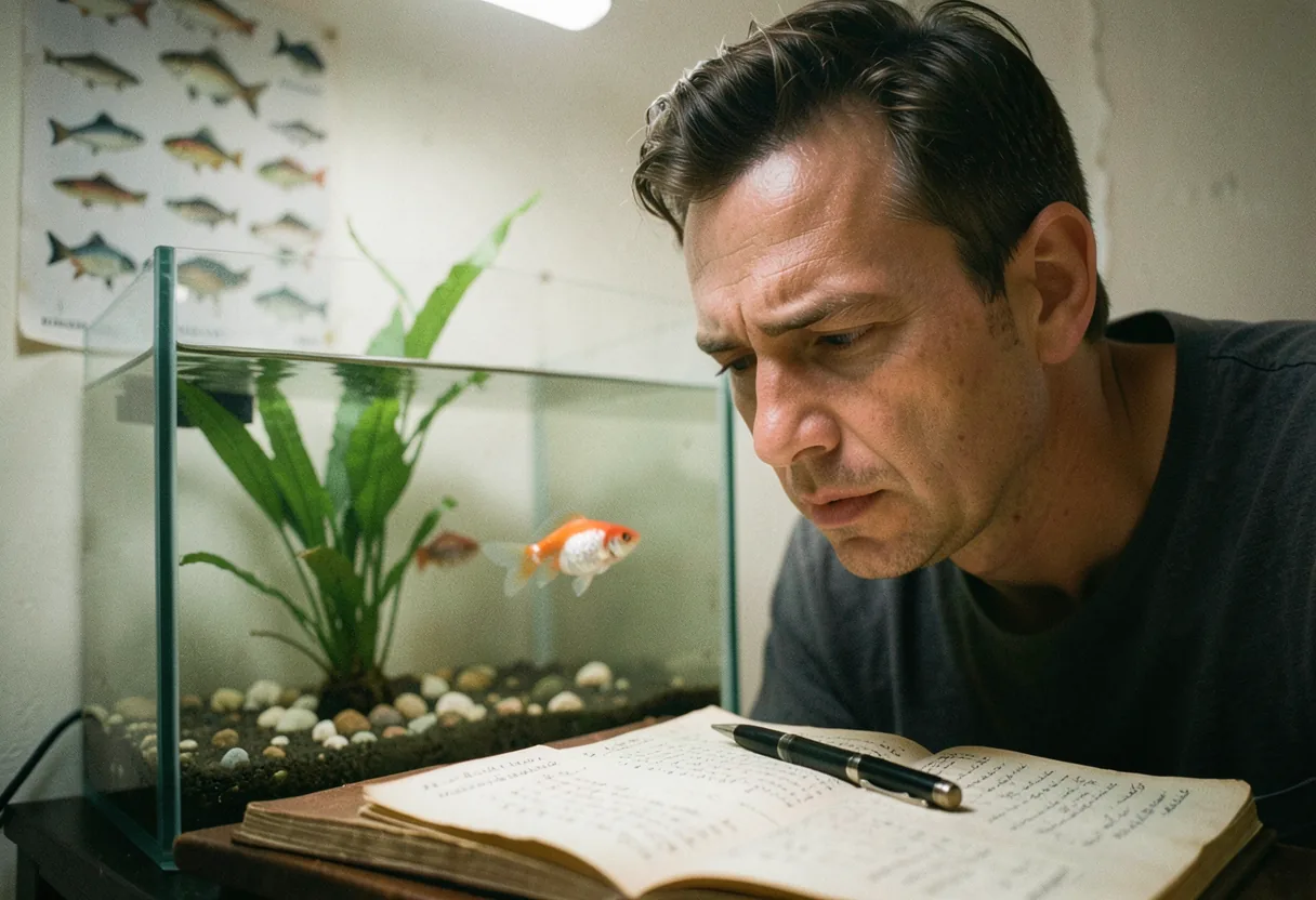 Person examining fish in aquarium, identifying common diseases, aquarium diseases.