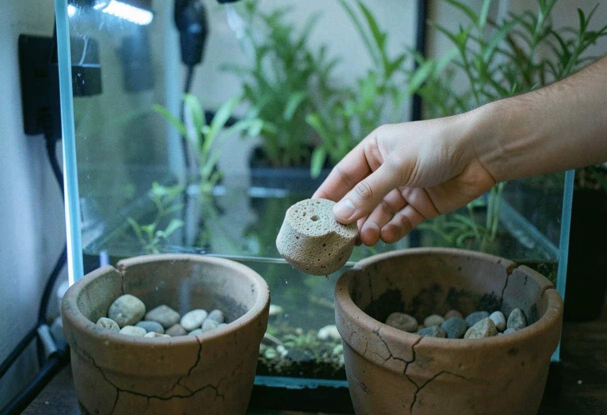 A hand placing a ceramic filter stone into a water pitcher, water filtration.