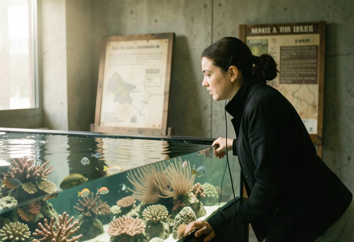 Visitor exploring Sevastopol Aquarium Museum with audio guide, muted lighting, mid-stride.