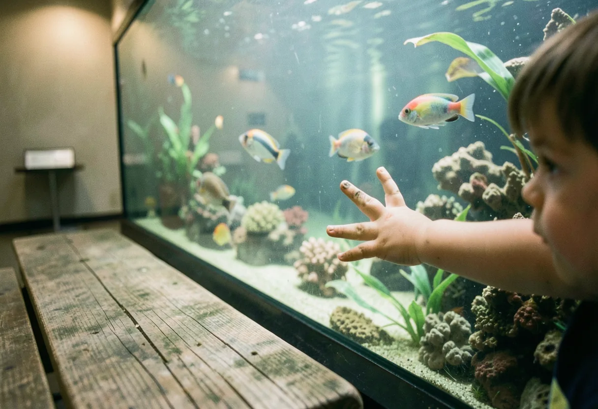 Child's hand touches aquarium glass, exploring marine life. Sevastopol Aquarium Museum.