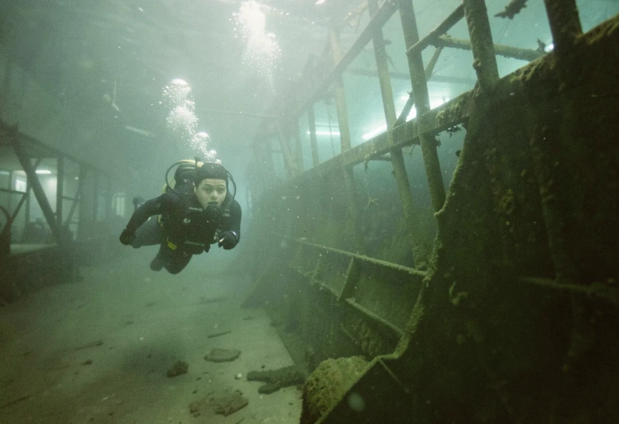 Scuba diver ascending in Sevastopol Aquarium Museum, muted underwater colors, sunken exhibit.