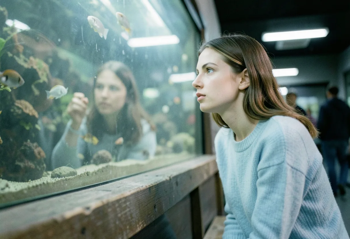 Woman studying Sevastopol Aquarium Museum exhibit, muted colors, soft lighting.
