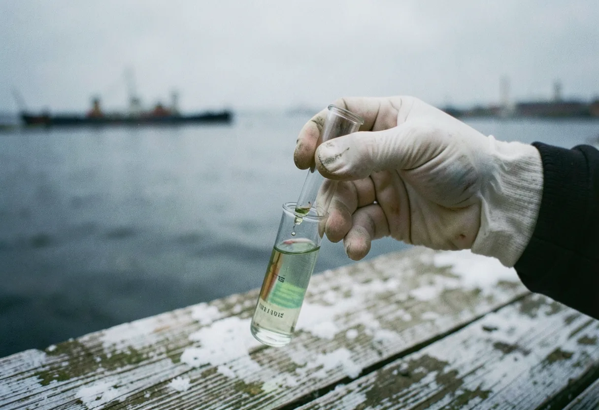 Gloved hand holding test tube with aquarium water, testing in Sevastopol.